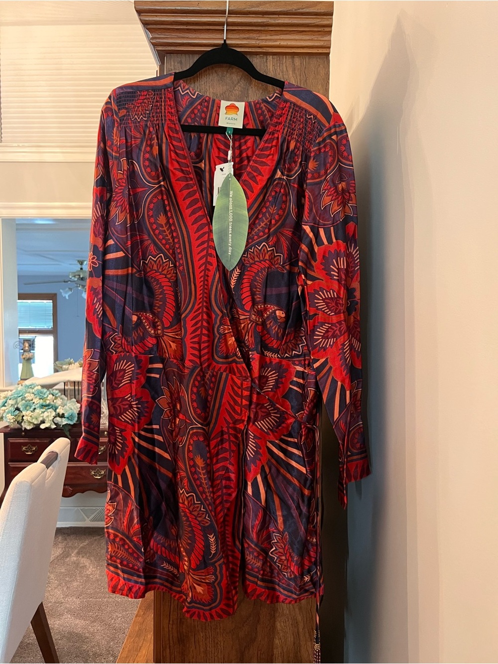 FARM Rio NWT Floral Print Long Sleeve Wrap Dress Beaded Tassel Tie Size L $195